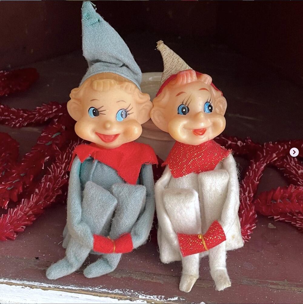 Vintage Christmas Knee Hugger Elf Rubber Face Pointy Nose Japan Kitsch PAIR